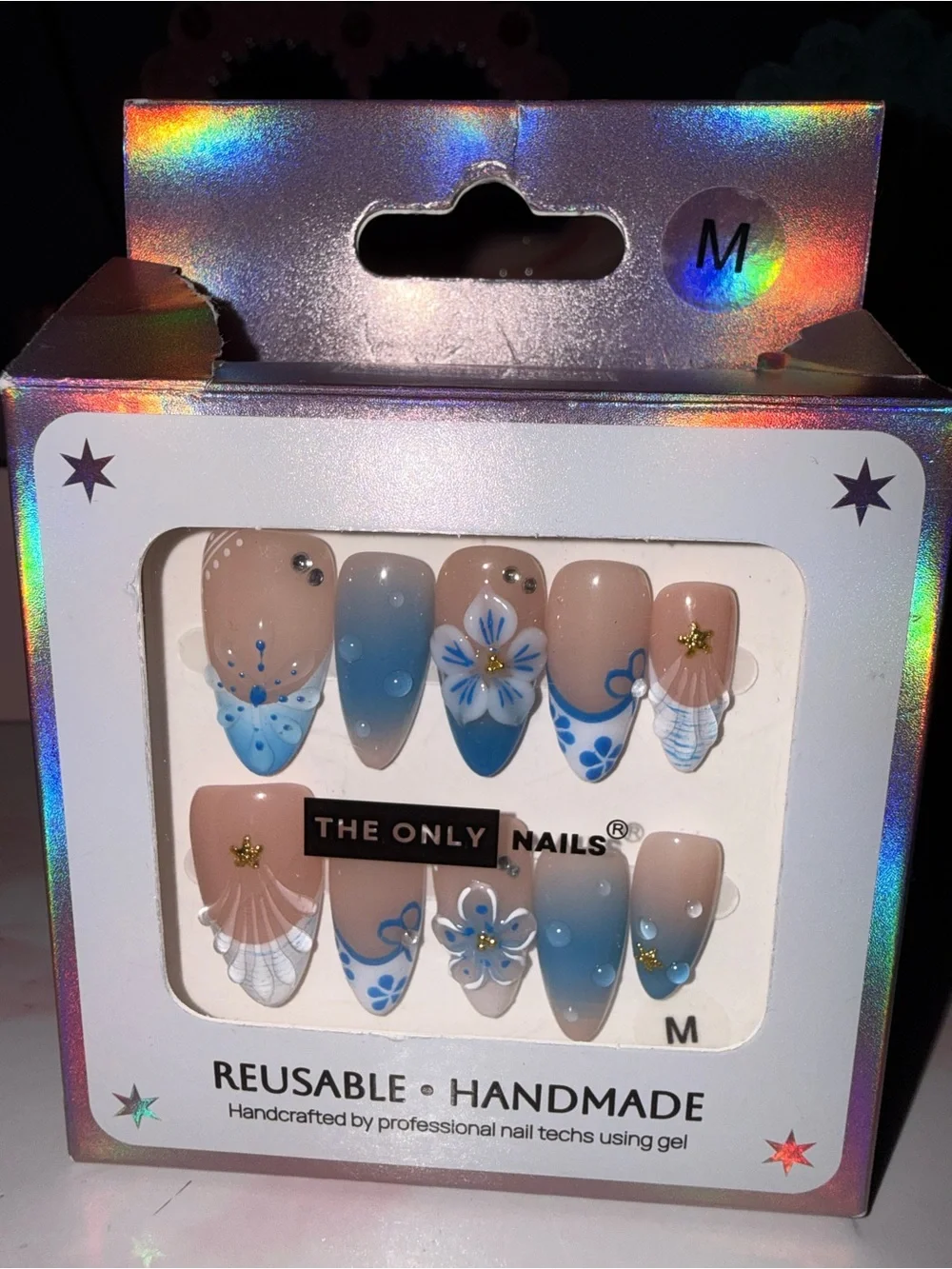 The Only Nails Reuable Handmade Blue Floral Medium Almond Press On Nails